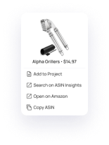Datarova ASIN hover card in the research workflow